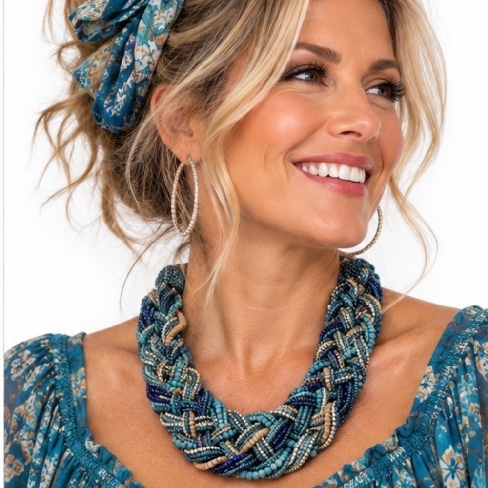 Braided Seed Bead Statement Necklace 12" Turquoise Rhinestone Multi-Strand Boho
